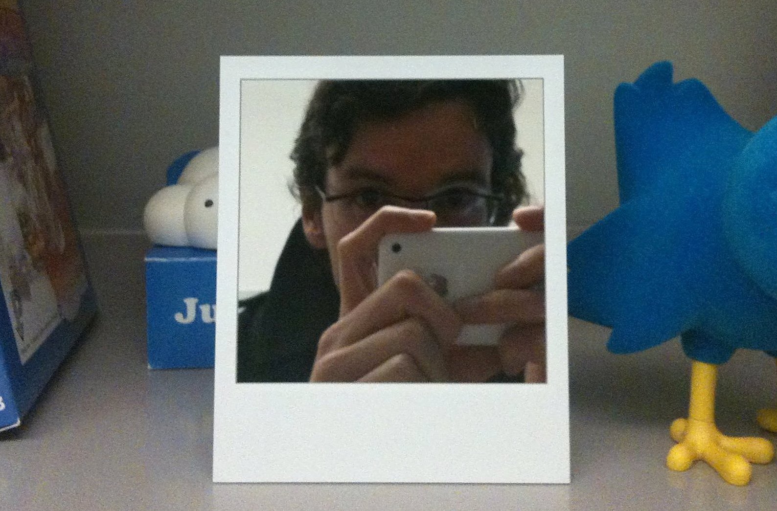 Self portrait in a tiny polaroid mirror, on a shelf with old Mac memorabilia.