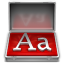 A screenshot of Fontcase, a grid of tiles
representing fonts, and the logo, a suitcase lined with red felt, and
silver letters inside