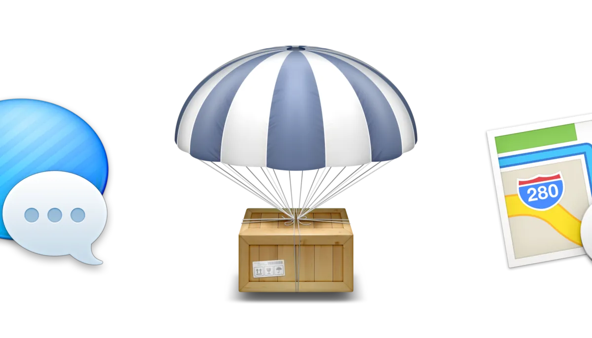 The AirDrop’s application icon in the center, with the iMessage icon on the left and the Maps icon on the right.