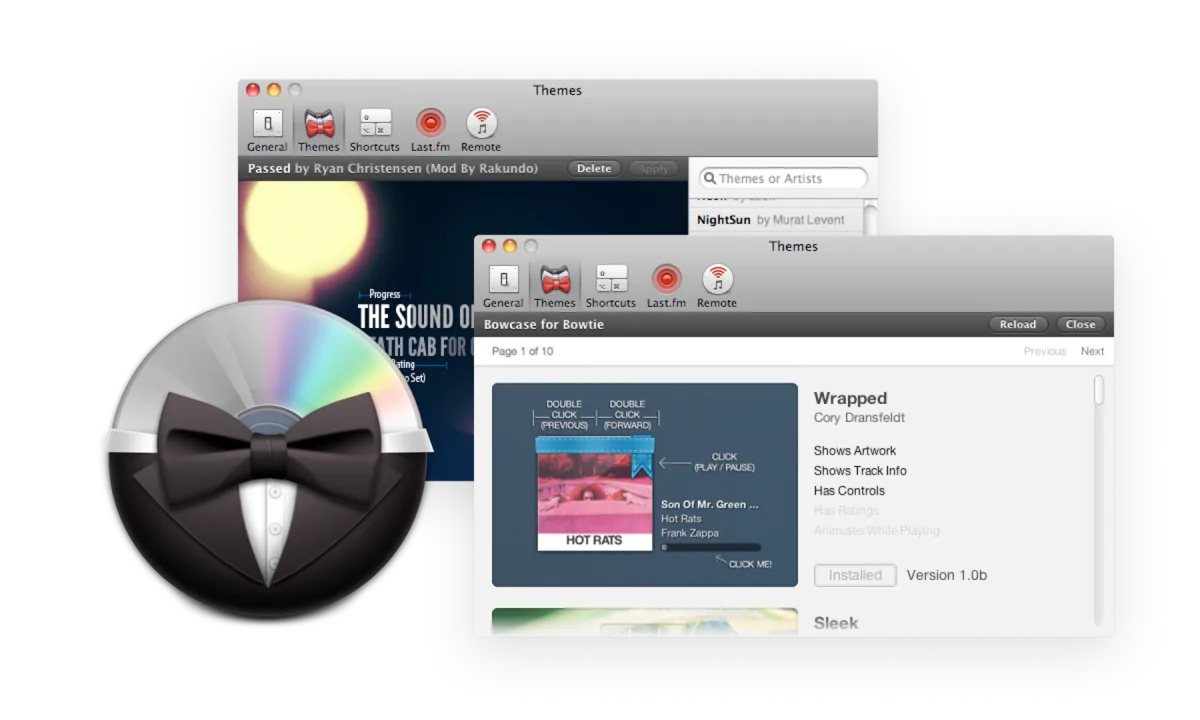 The bowtie icon. Literally a Compact Disk wearing a tuxedo and a bowtie, in front of app preferences windows showing various themes.