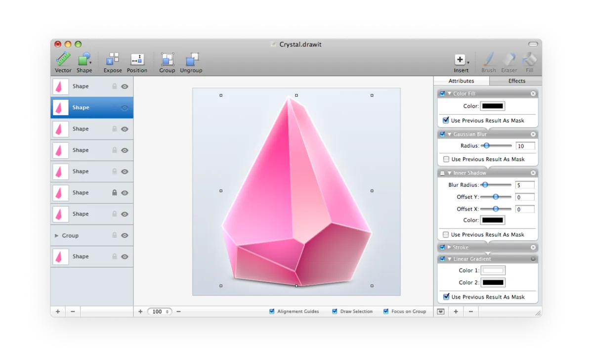 A screenshot of DrawIt, an image editor, with a layer sidebar, an inspector, and a canvas showing a pink crystal.
